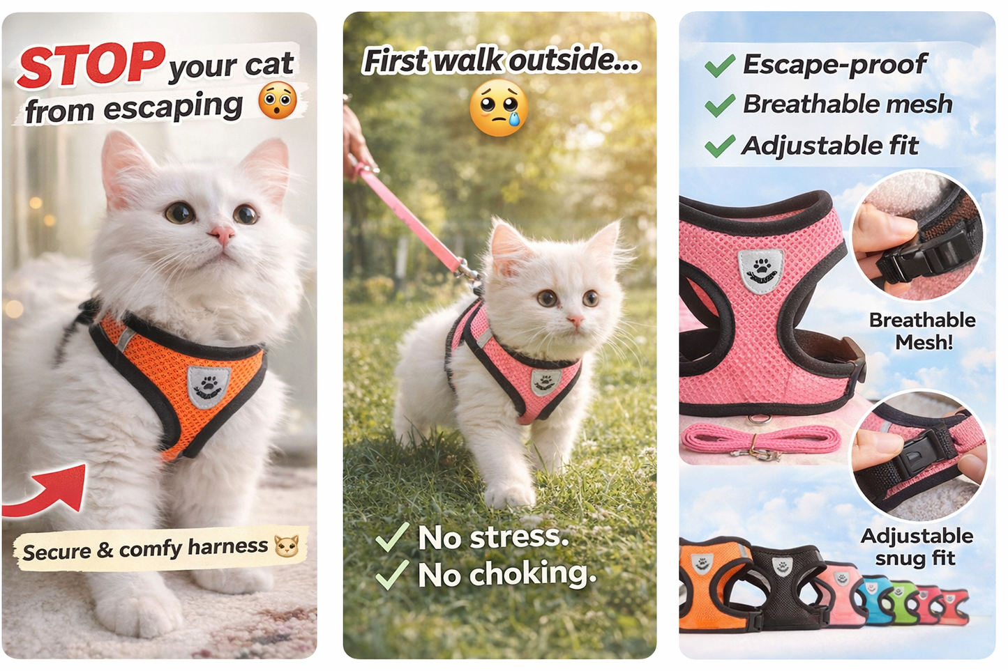 Adjustable Cat Harness & Leash Set – Escape-Proof Soft Mesh Vest for Indoor & Outdoor Walking (XS–L)