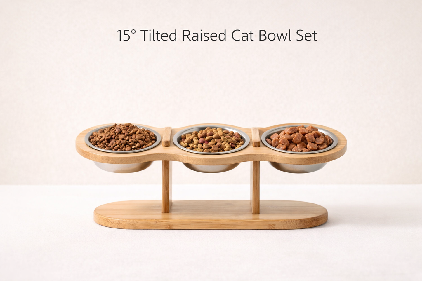 Raised Cat Bowl Set – 15° Tilted Elevated Feeding Station with 3 Stainless Steel Bowls