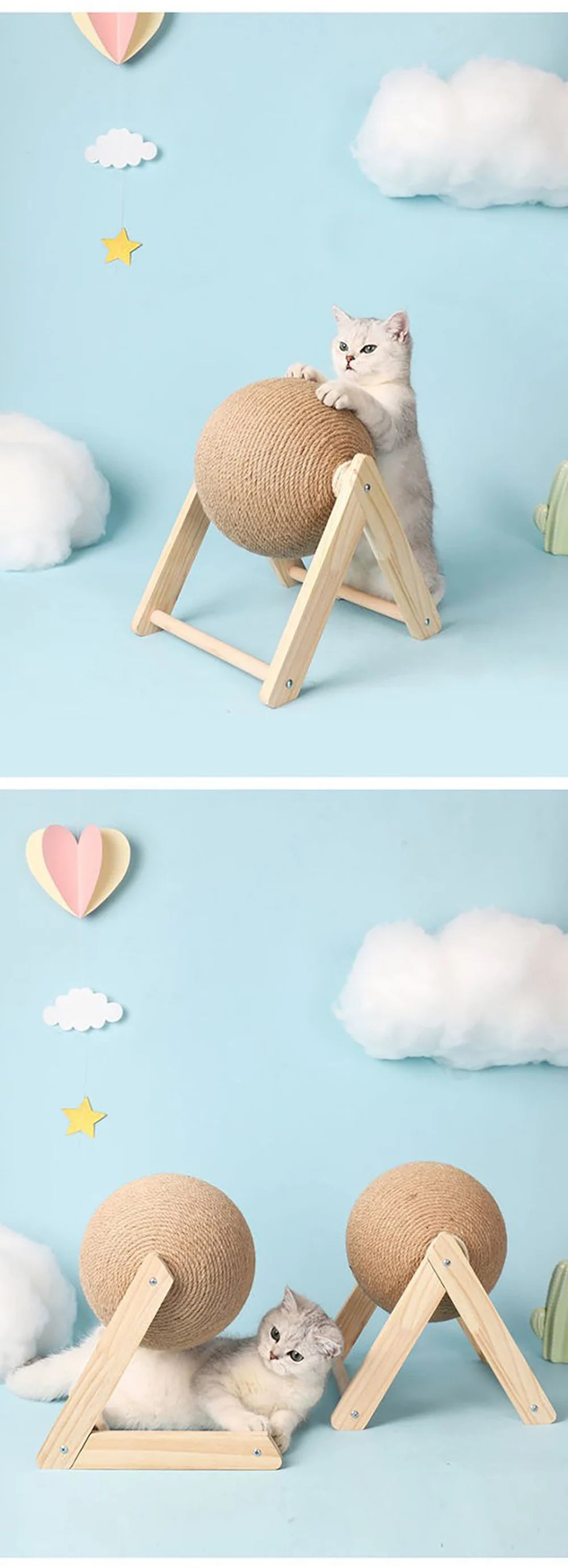 Cat Scratching Ball Toy with Sisal Rope – Wooden Kitten Scratcher & Interactive Paw Grinding Toy