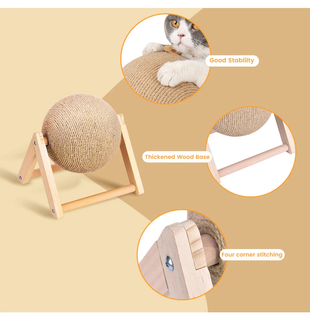Cat Scratching Ball Toy with Sisal Rope – Wooden Kitten Scratcher & Interactive Paw Grinding Toy