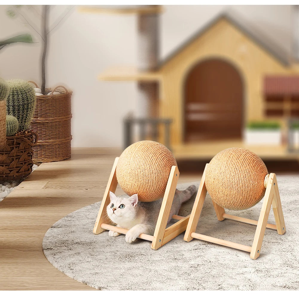Cat Scratching Ball Toy with Sisal Rope – Wooden Kitten Scratcher & Interactive Paw Grinding Toy