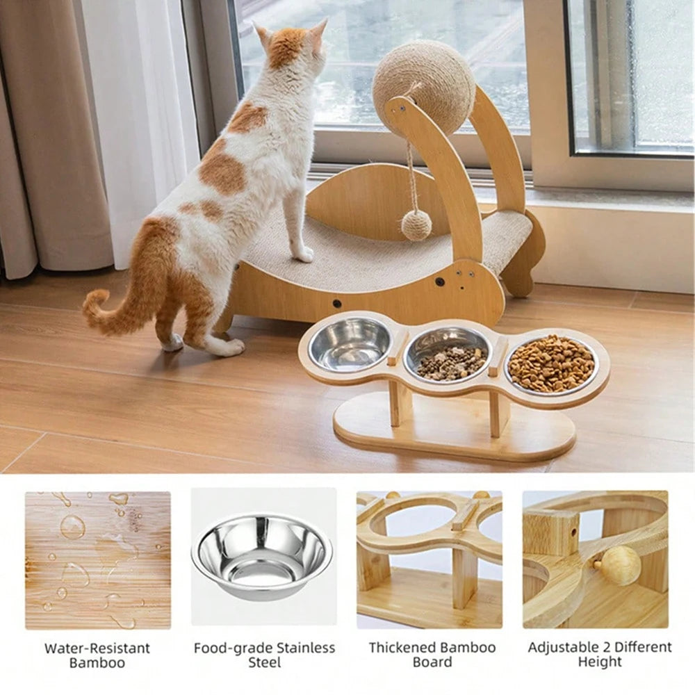 Raised Cat Bowl Set – 15° Tilted Elevated Feeding Station with 3 Stainless Steel Bowls