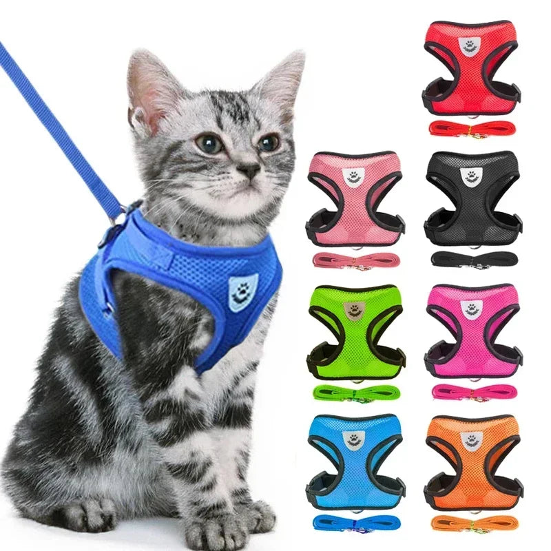 Adjustable Cat Harness & Leash Set – Escape-Proof Soft Mesh Vest for Indoor & Outdoor Walking (XS–L)