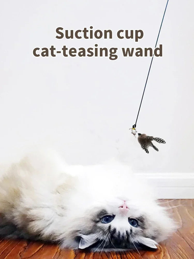 Cat Teaser Stick With Bell, Feather, Long Rod Suction Cup
